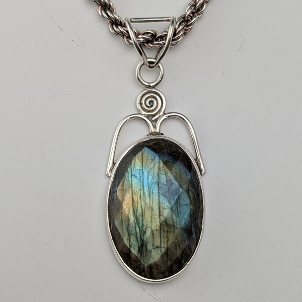 ヴィンテージ ラブラドライト&純銀 ペンダント 純銀極太ネックレス付き